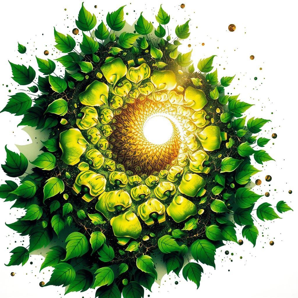 Intricate Fractal Art with Green Leaves and Gold Sparks