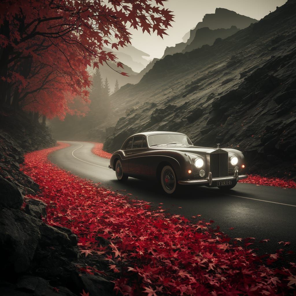Vintage Car on Misty Forest Road
