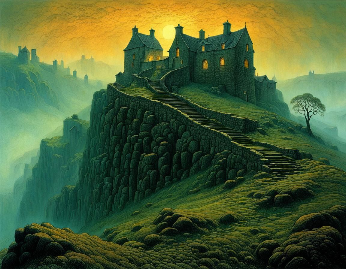 Misty Scottish Highlands Landscape in Dark Surrealist Style