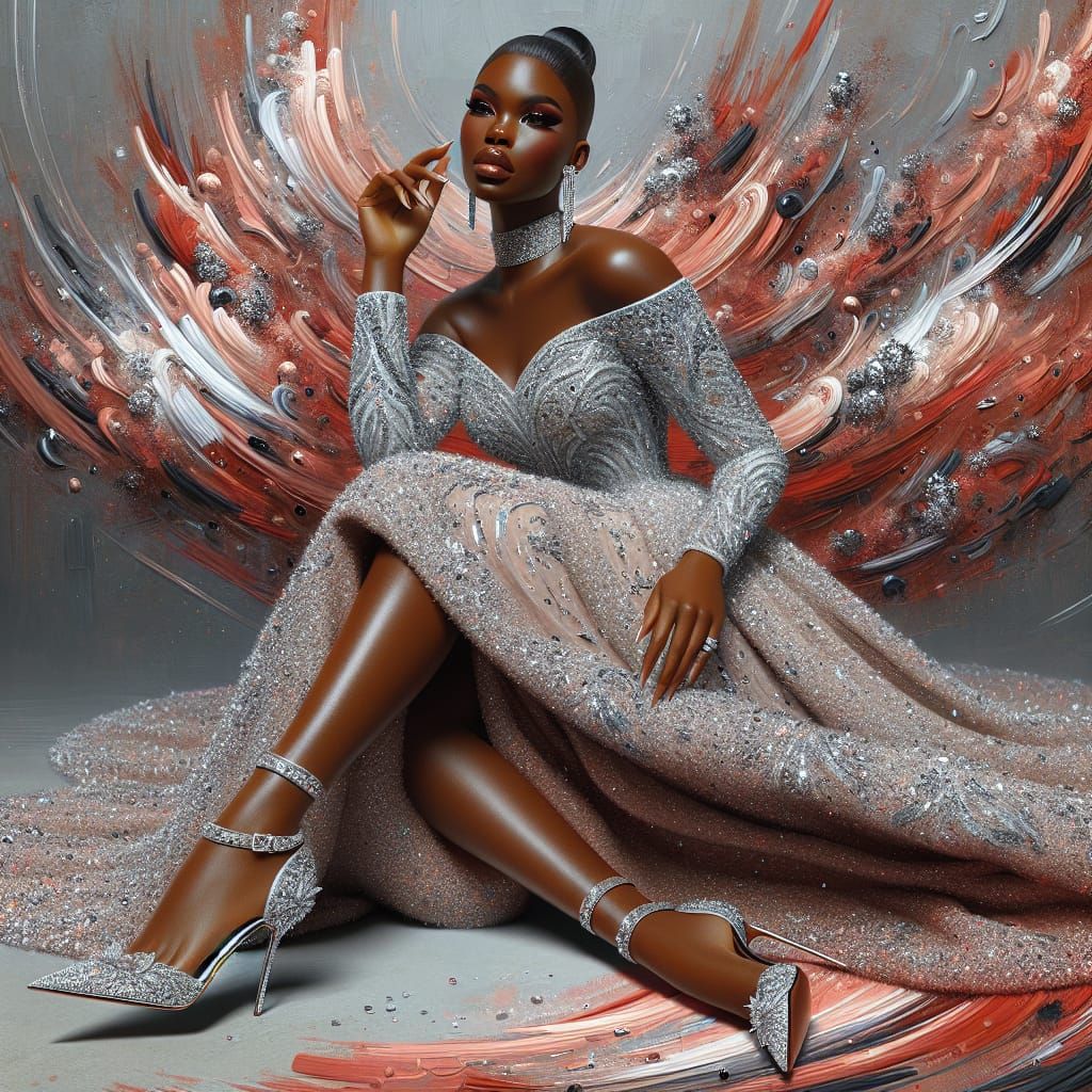 Glamorous Woman in Silver Gown: Airbrush Oil Painting