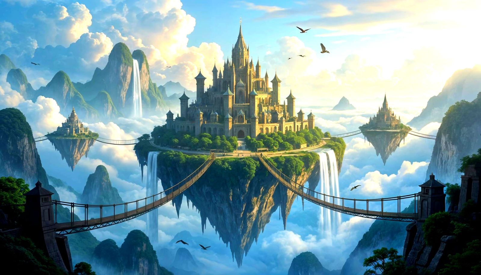 Giant Medieval City on Floating Island with Waterfalls