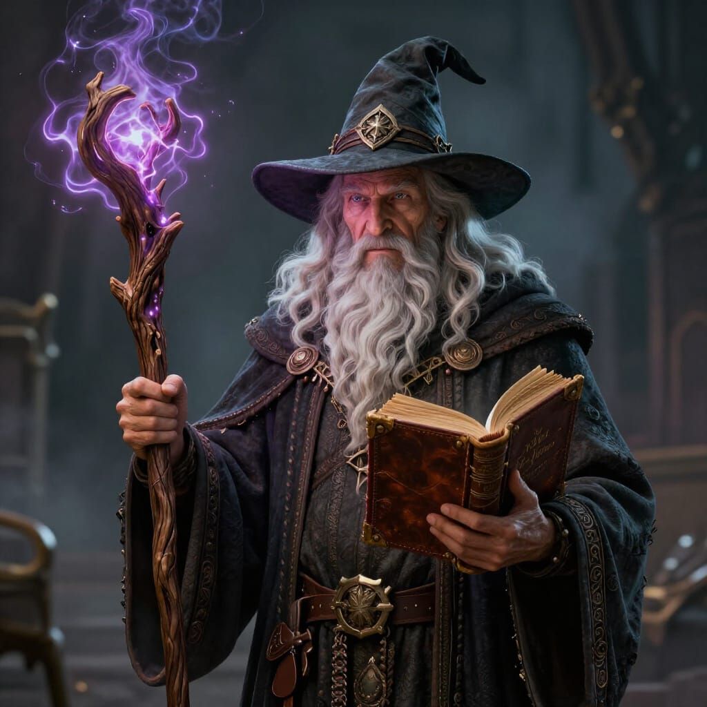Wise Wizard Adalard Casting Magic with Spell Book