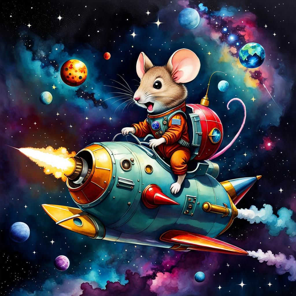 Mouse Astronaut Soaring Through Galaxy in Whimsical Art