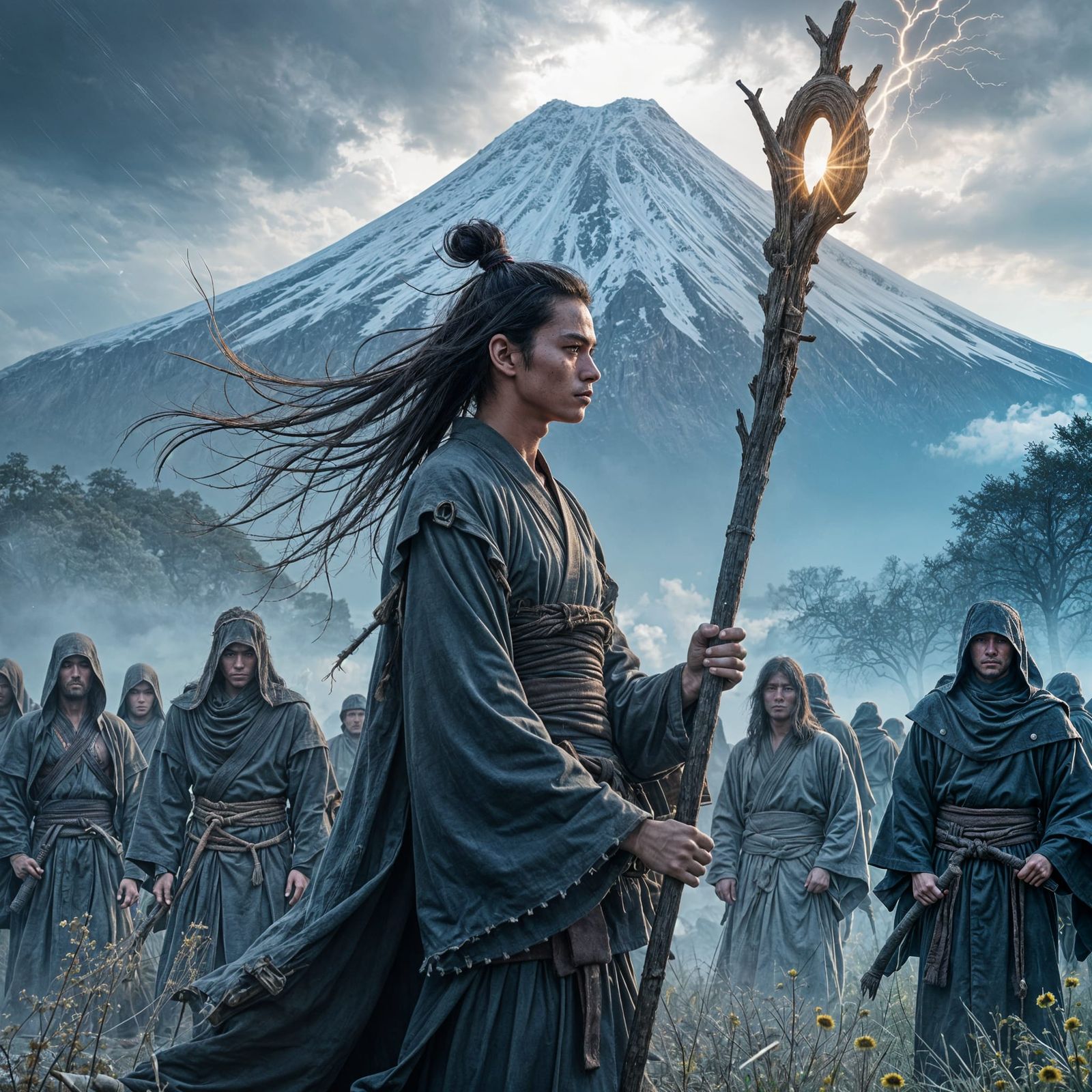 Immortal Warrior with Lightning Staff Under Stormy Skies