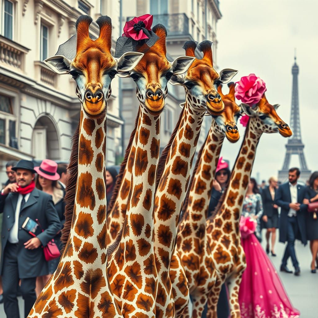 Giraffes in Haute Couture Parade in Parisian Fashion Distric...