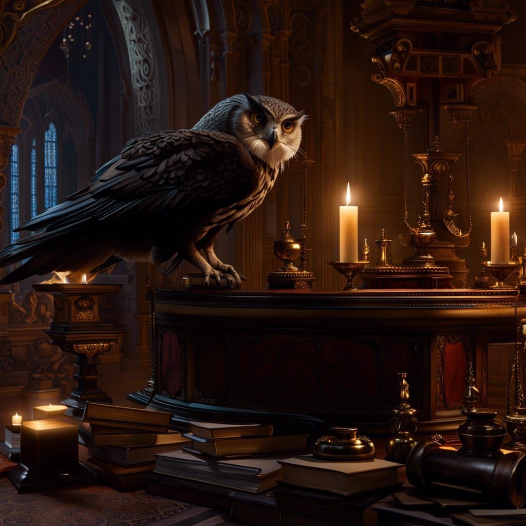 Enchanted Owl in Catacombs: Gothic Horror Style