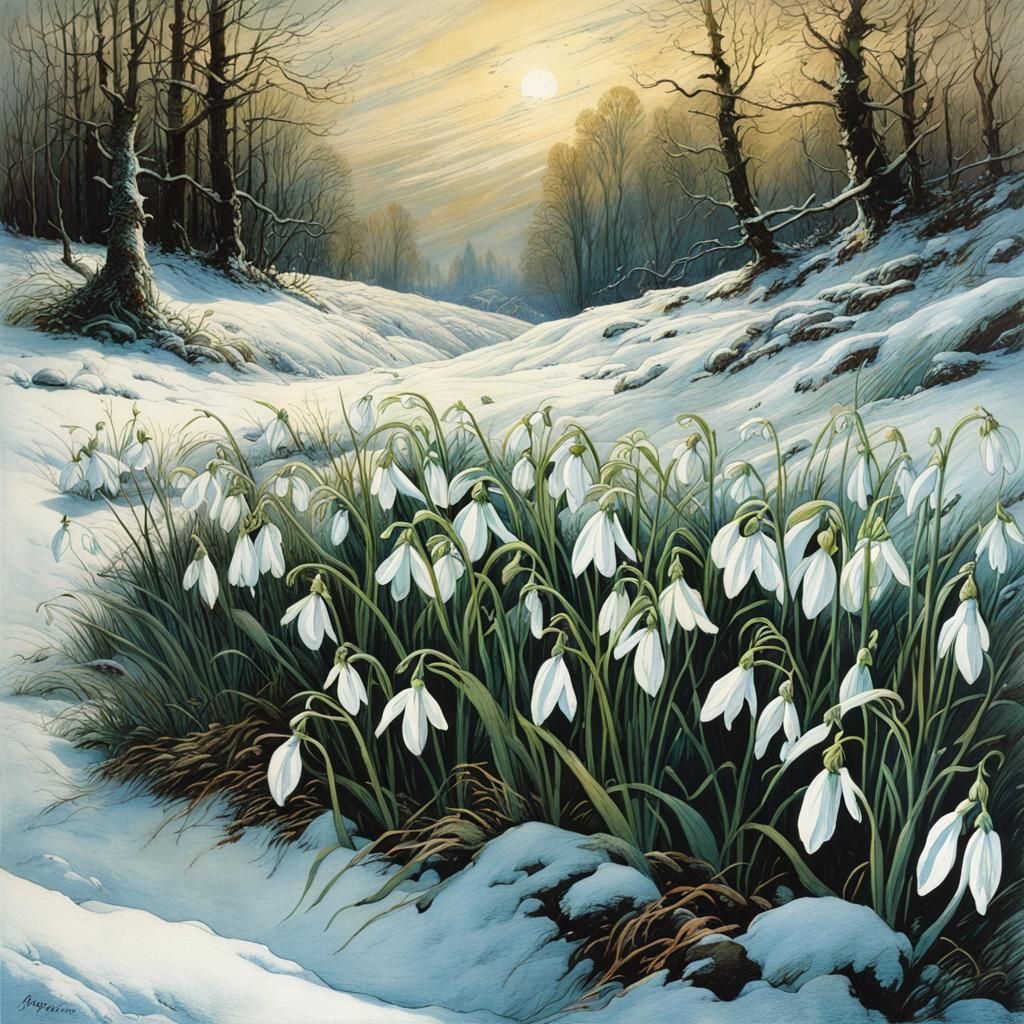 Mystical Snowdrops Emerge from Snowy Landscape in Deep, Rich...