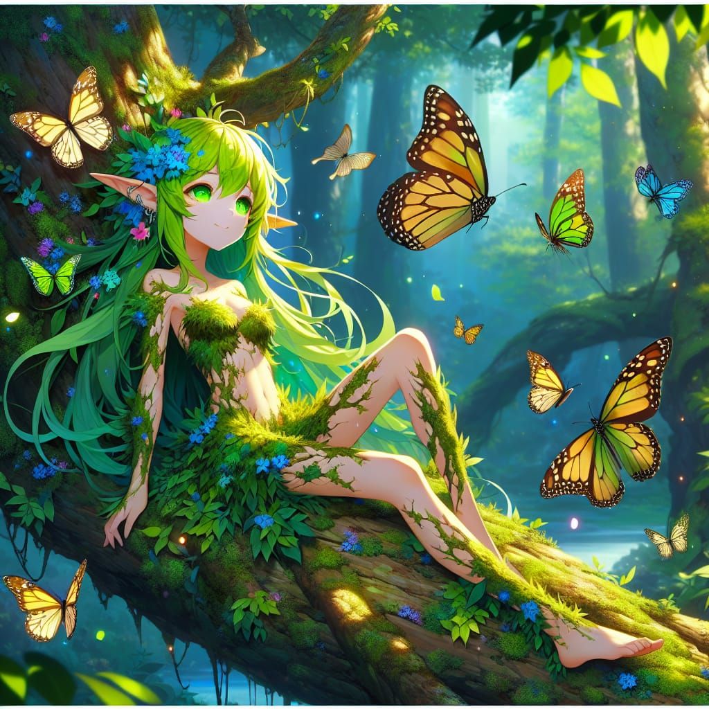 Anime Dryad with Butterflies in Magical Forest