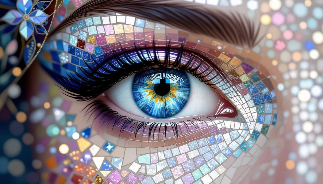 Woman's Eye Reflecting Starry Sky in Mosaic Art Style