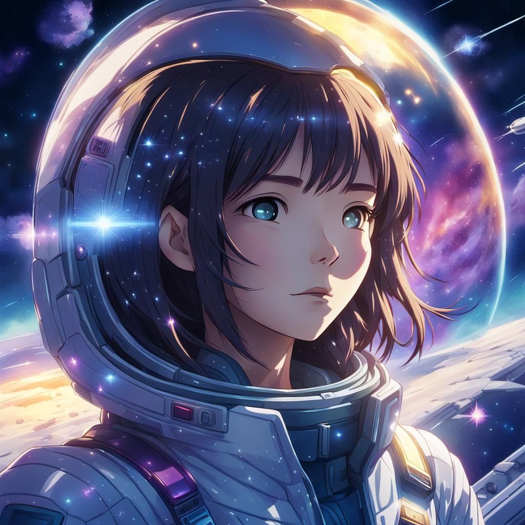 Anime-Inspired Girl Gazing at the Cosmos in a Distant Galaxy