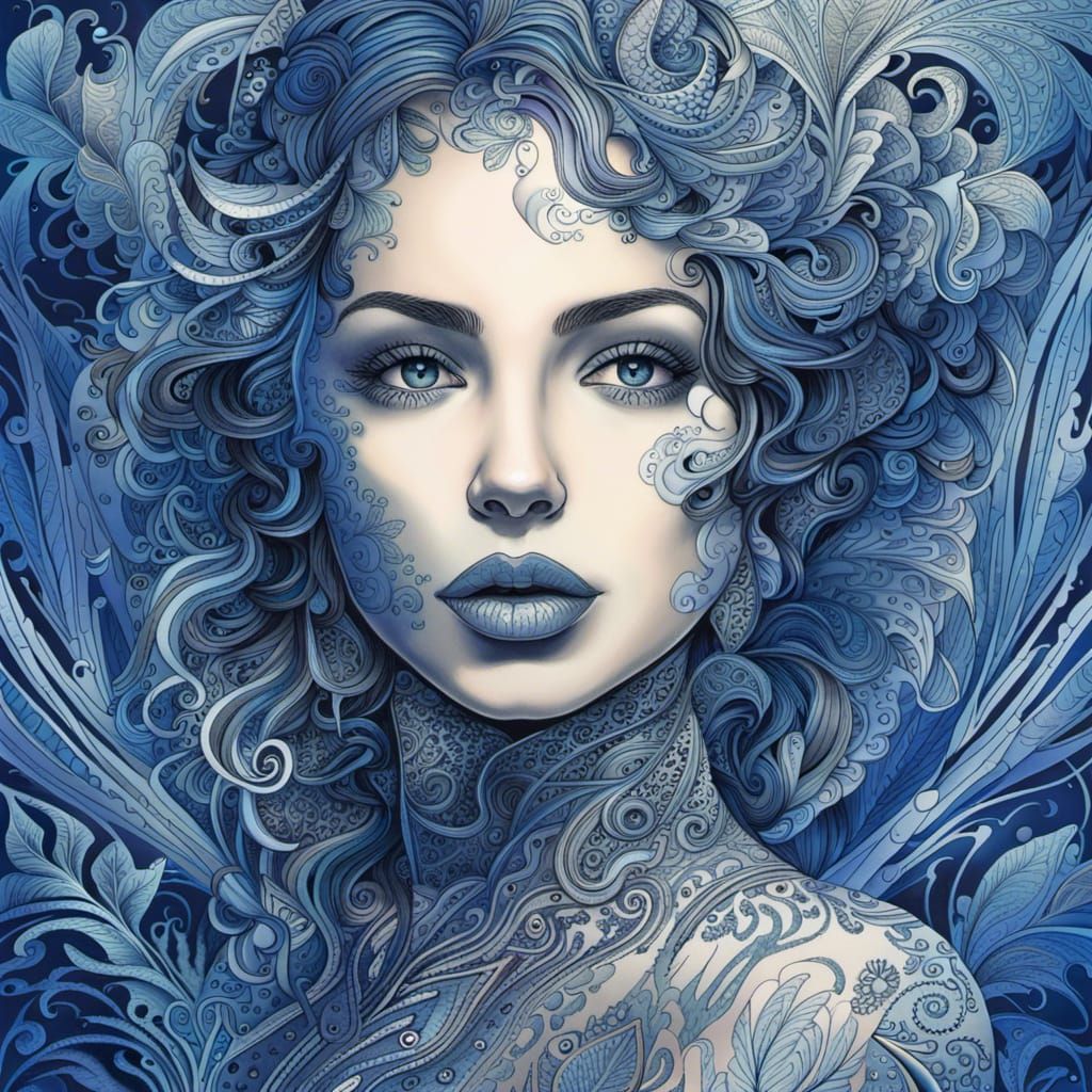 Intricate Blue Ink Illustration of a Filligree Woman
