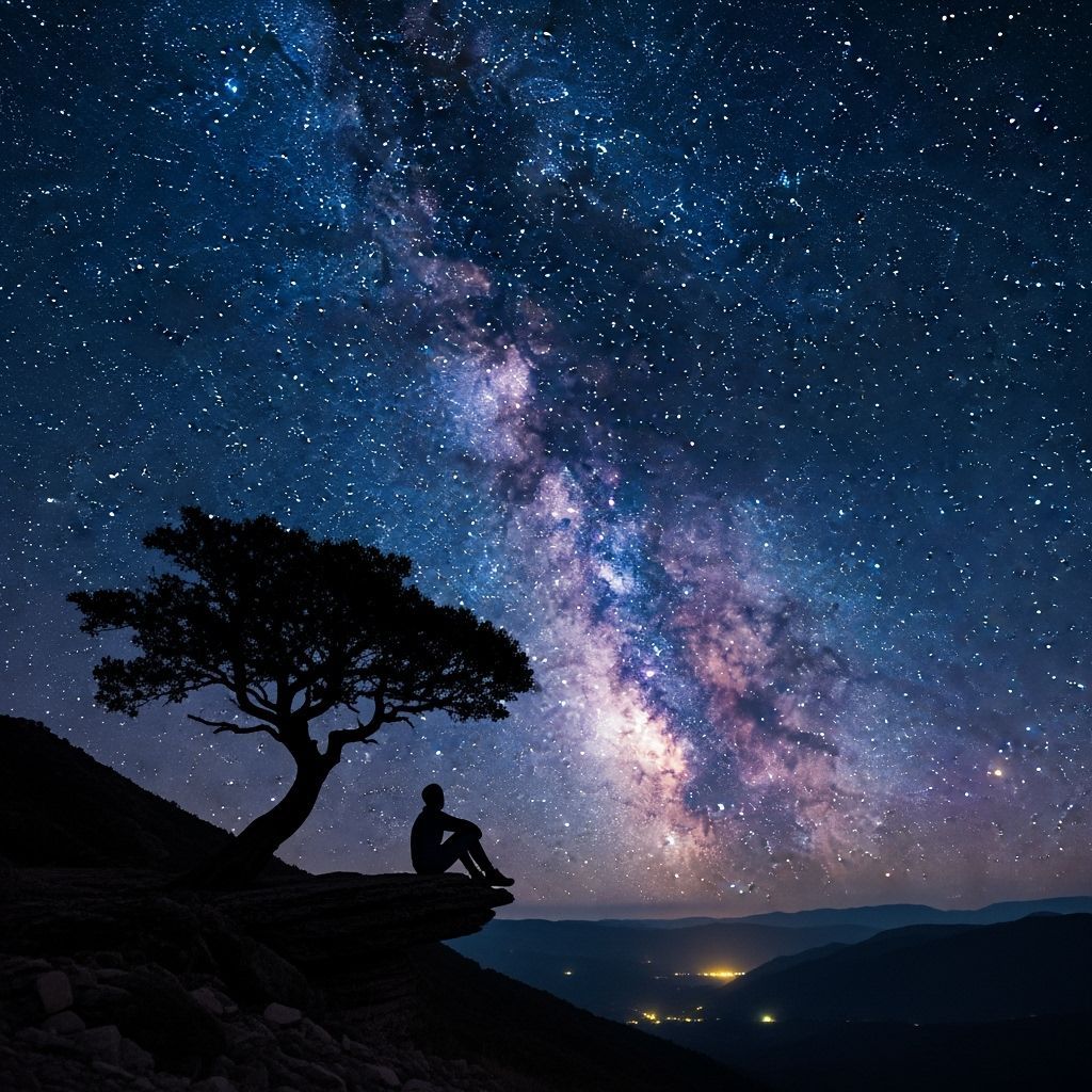 Solitary Figure Gazes at Detailed Milky Way Above Valley