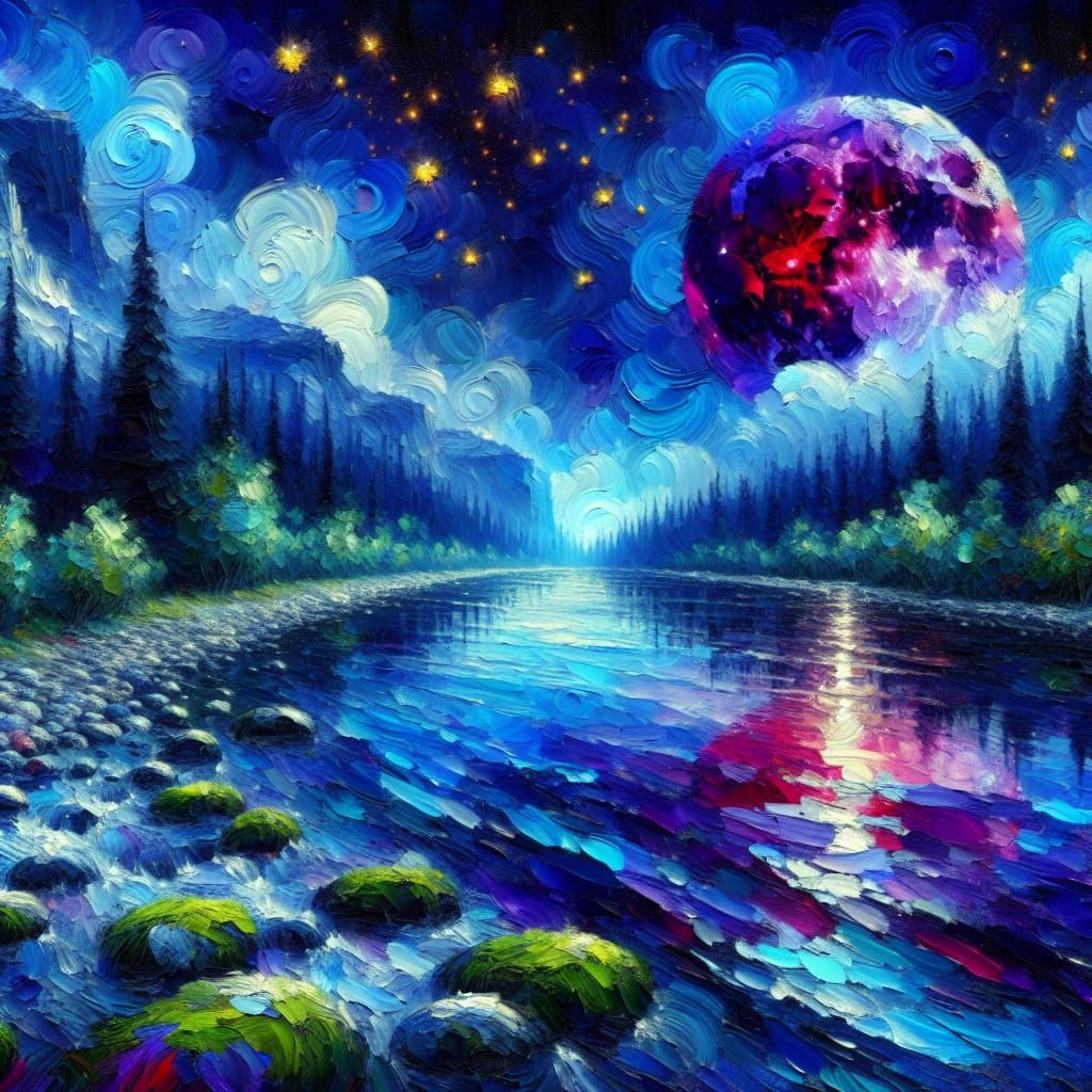 Midnight River Reflects Ethereal Blood Moon: Impasto Paintin...