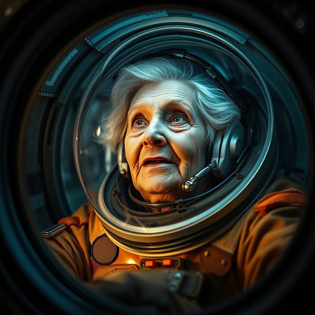 Elderly Woman Astronaut in Space Capsule: Matte Painting