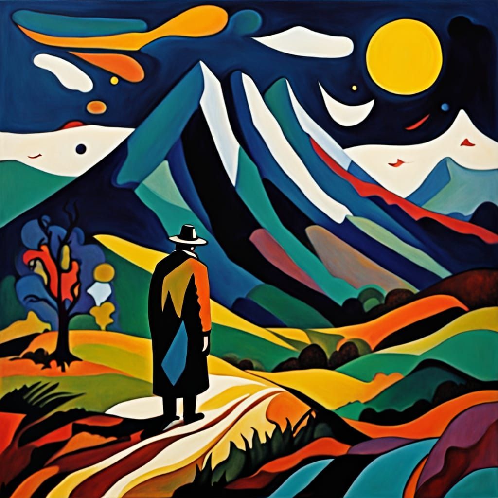 Lone Figure in Vibrant Kandinsky-Inspired Landscape