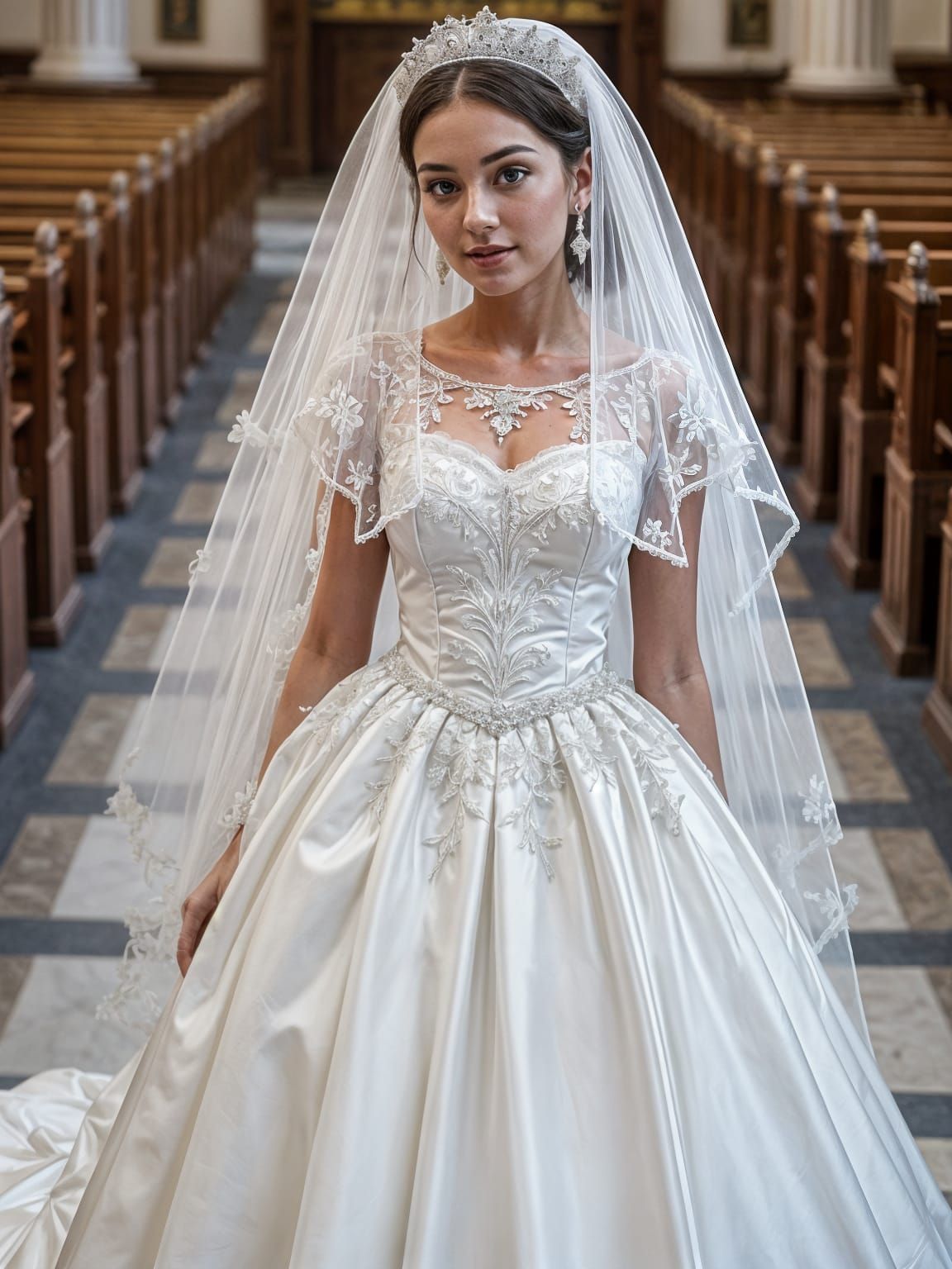 Regal Bride in White Satin Tulle Wedding Gown