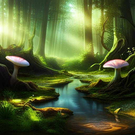 Mystical Deep Forest with Giant Mushrooms