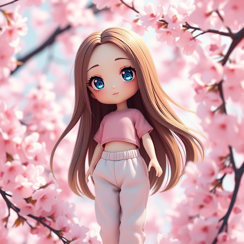 Chibi Doll Girl Amidst Whimsical Cherry Blossoms in Anime St...