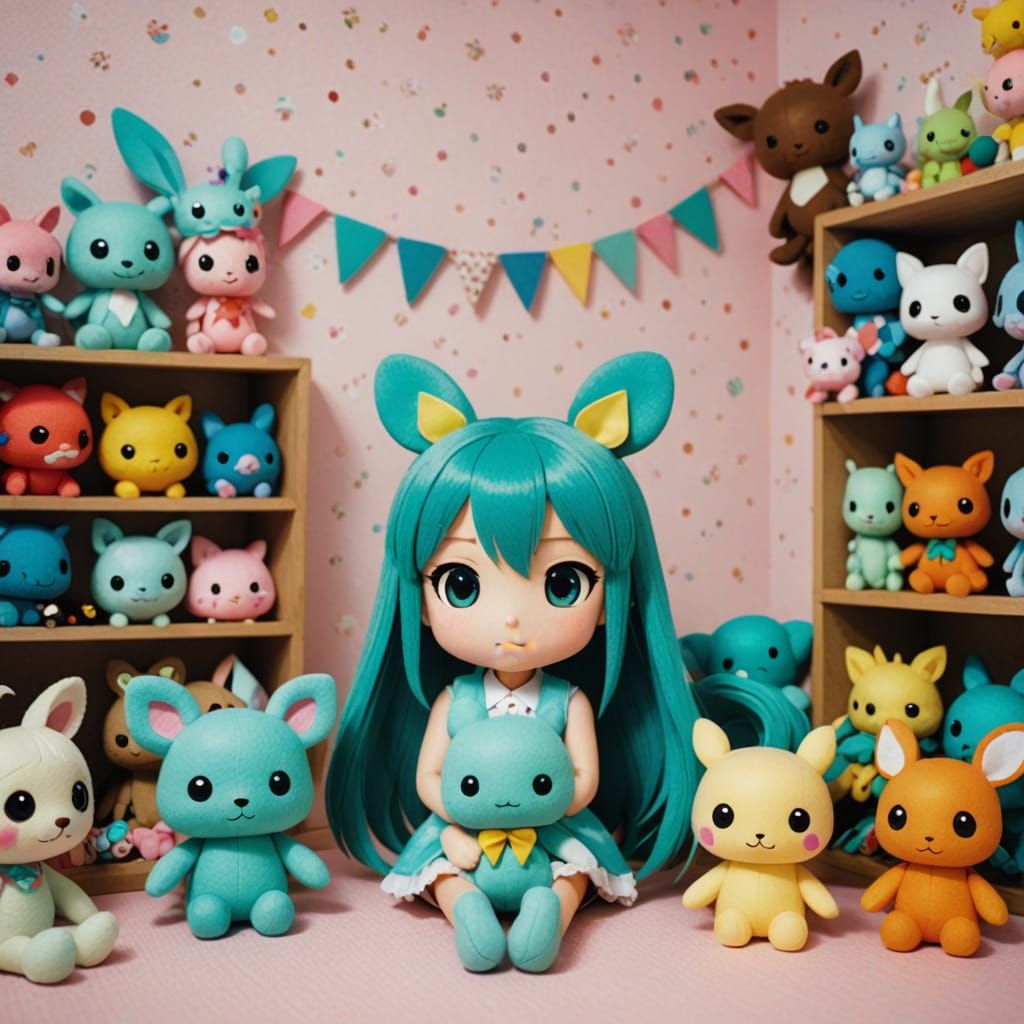 Felt Friends Surround Tiny Hatsune Miku in Playroom