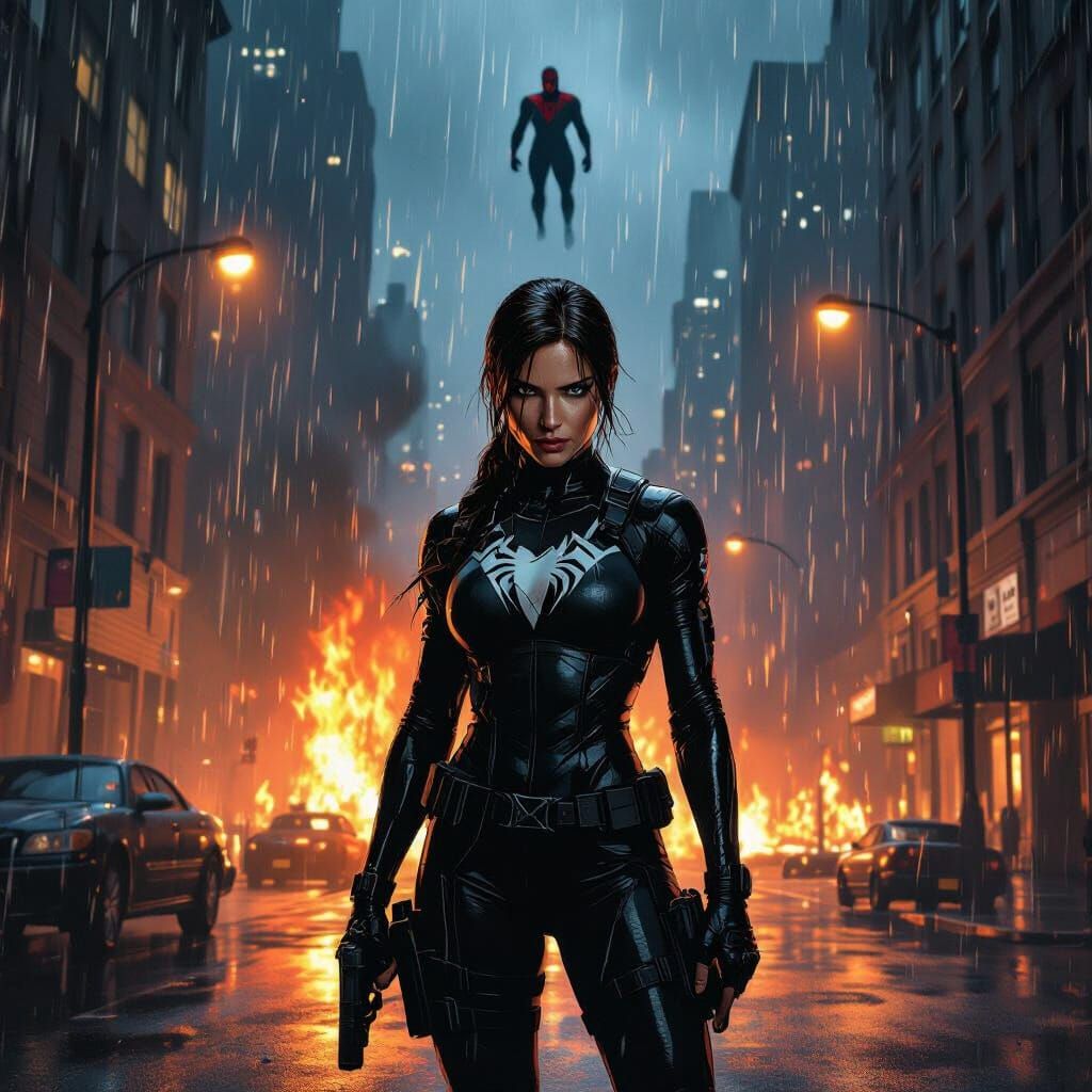 Lara Croft in Venom Suit Amidst Fiery City Chaos