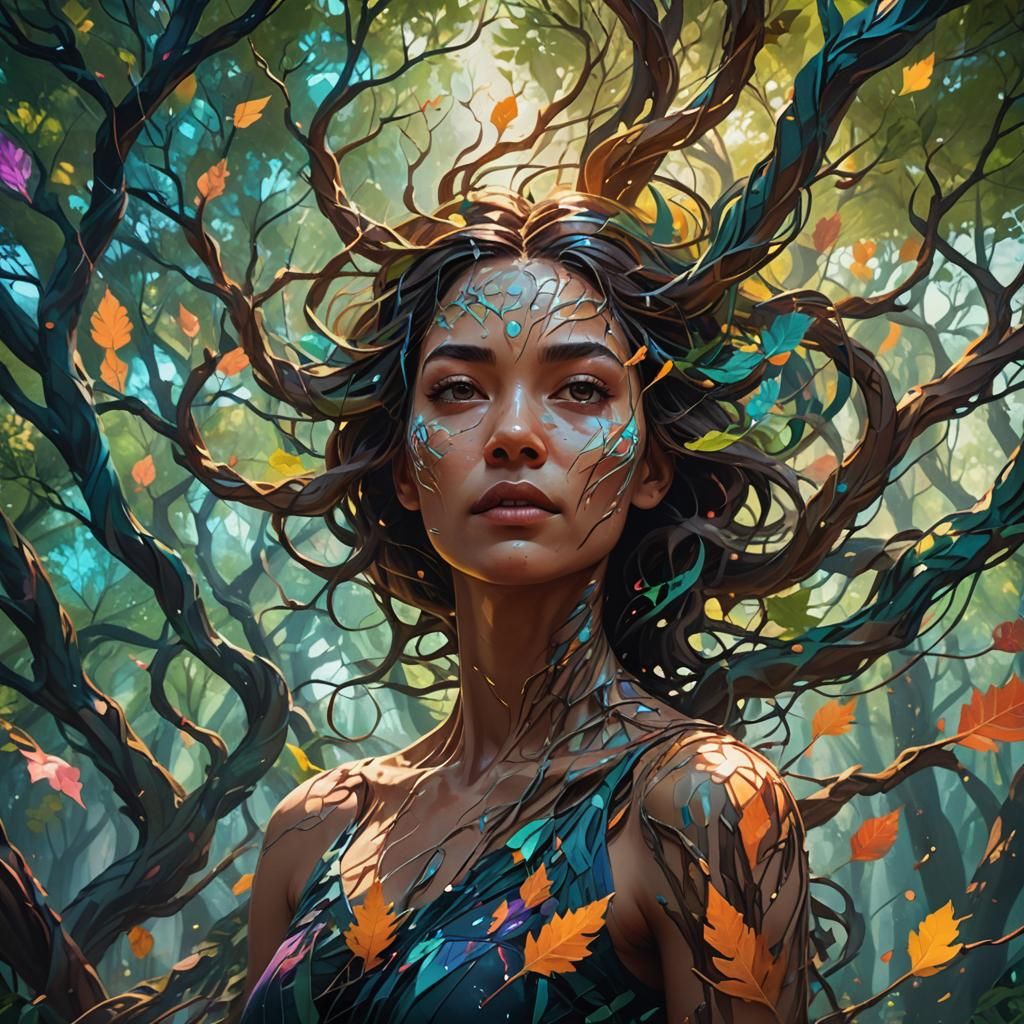 Woman in a Forest of Luminous Trees: Splash Art