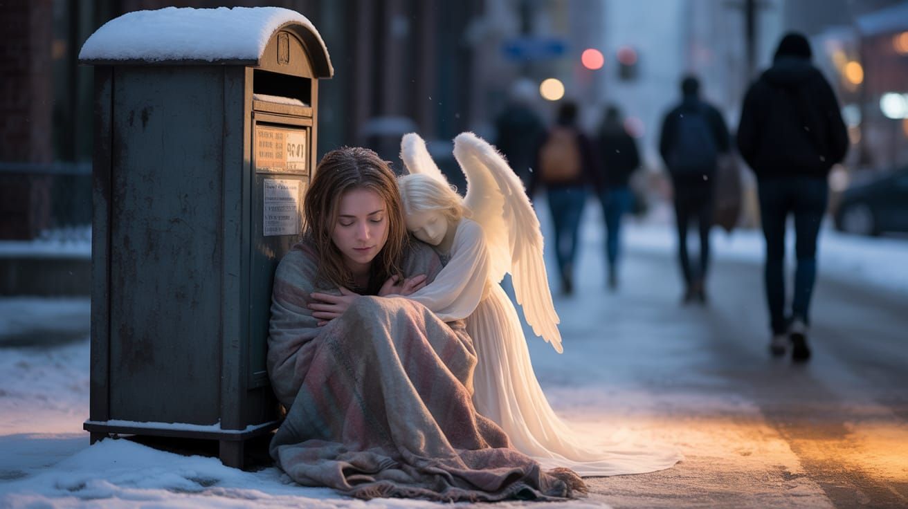 Homeless Woman Sheltered by Angel Concept Art