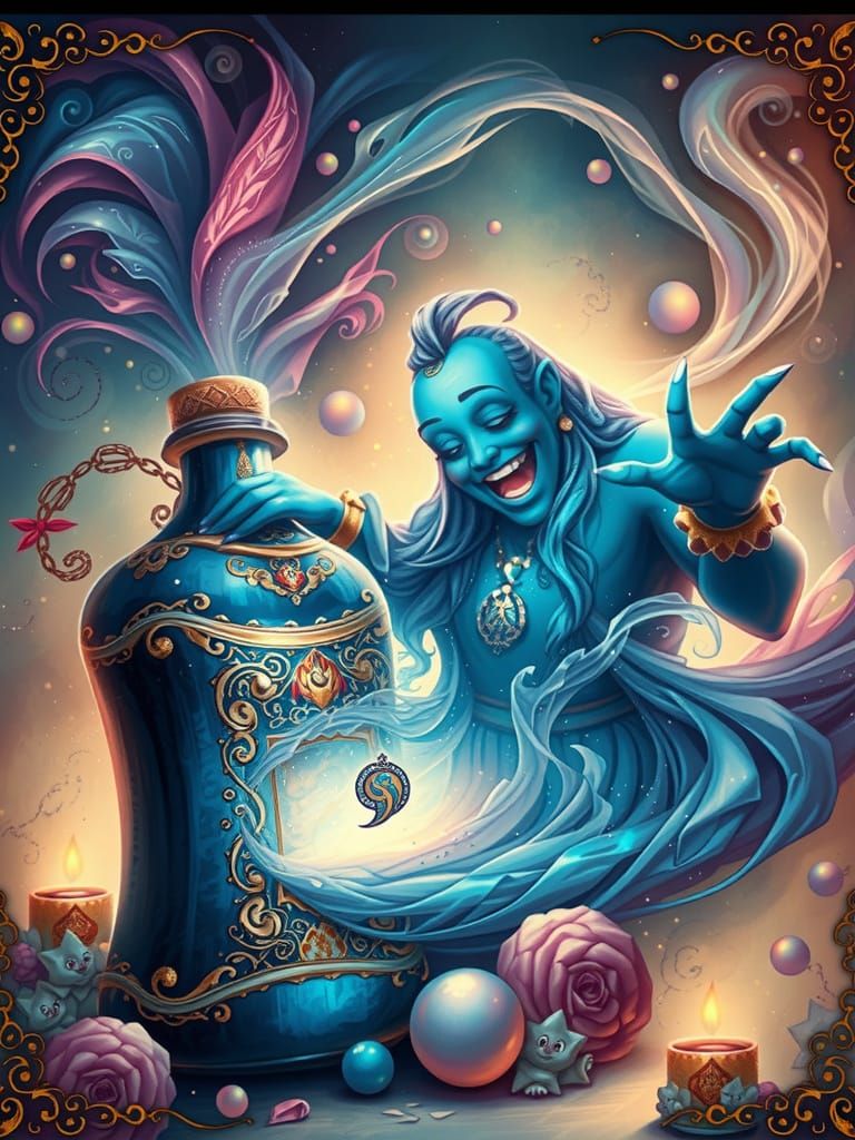 Whimsical Blue Genie Emerges from Glass Bottle in a Swirling...