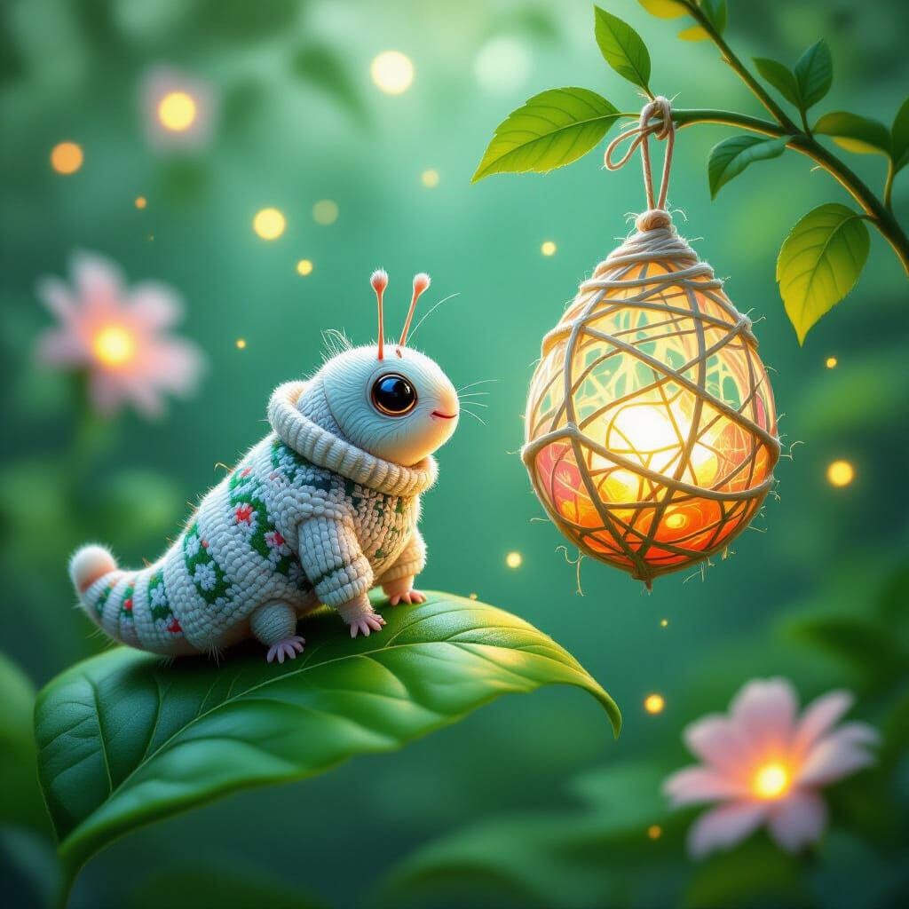 Caterpillar Gazing at Cocoon in Enchanted Forest
