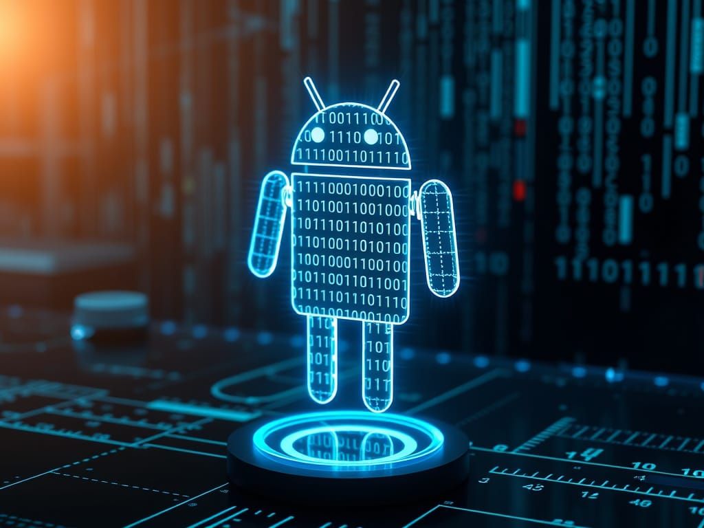 Futuristic Android Appears From Binary Code Hologram