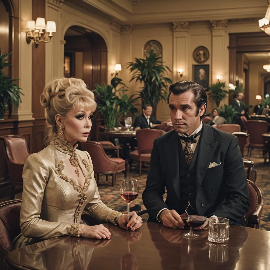 Cinematic Film Still: Paladin and Lady in Hotel Lobby