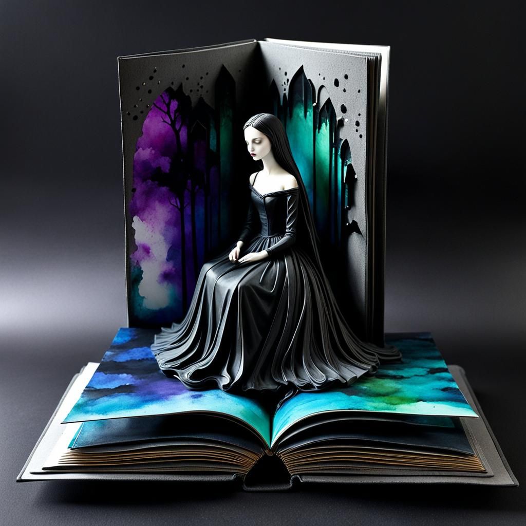Gothic Princess in Pop-Up Book, Watercolor Art