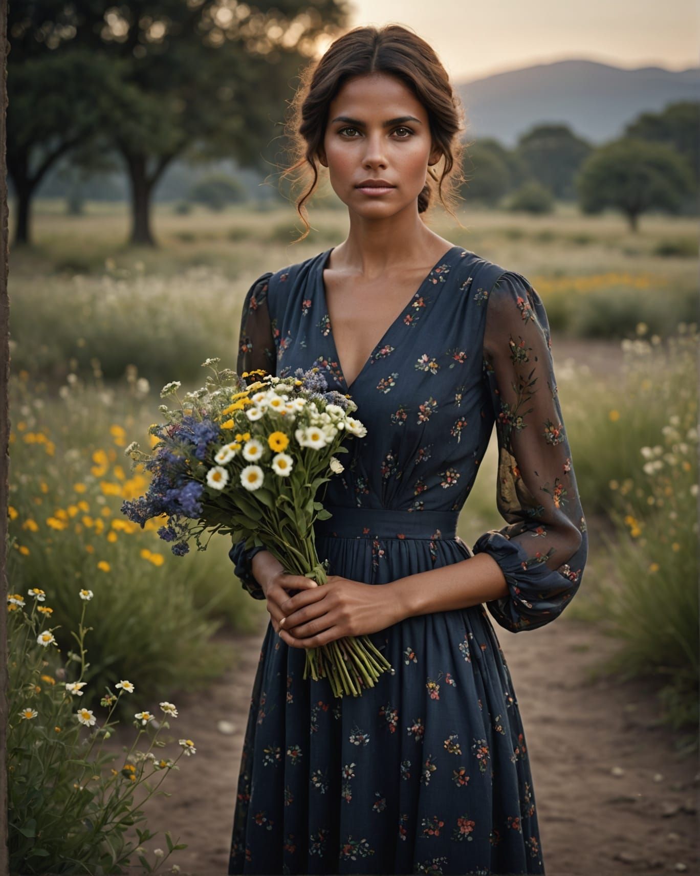 Dusky Maiden Portrait with Wildflower Bouquet