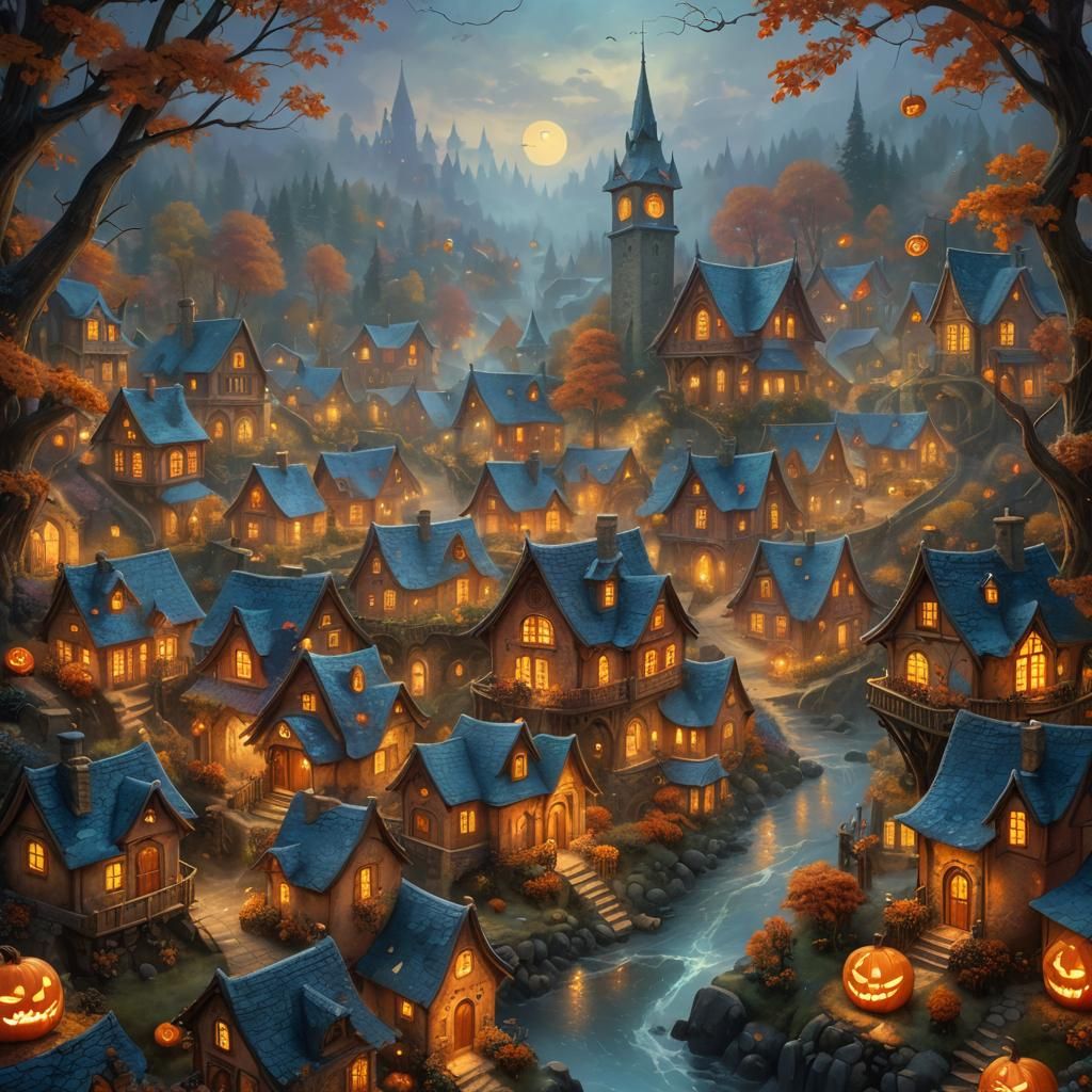 Misty Halloween Village in Ethereal Fantasy Art