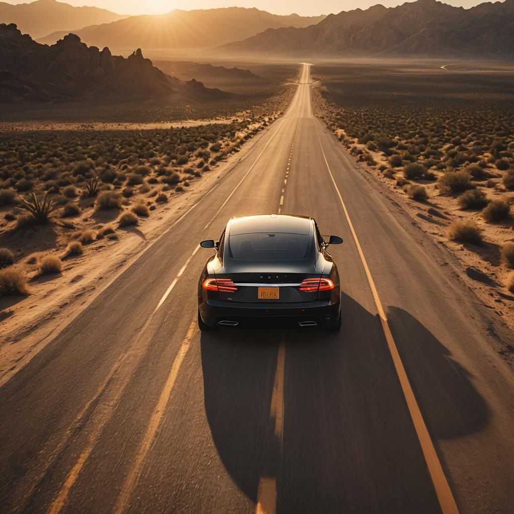 Black Tesla Speeds Through Desert Sunset