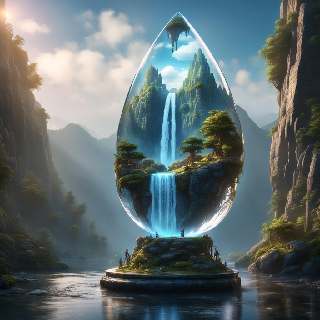 Waterfall Inside Glass Teardrop: Fantasy Concept Art