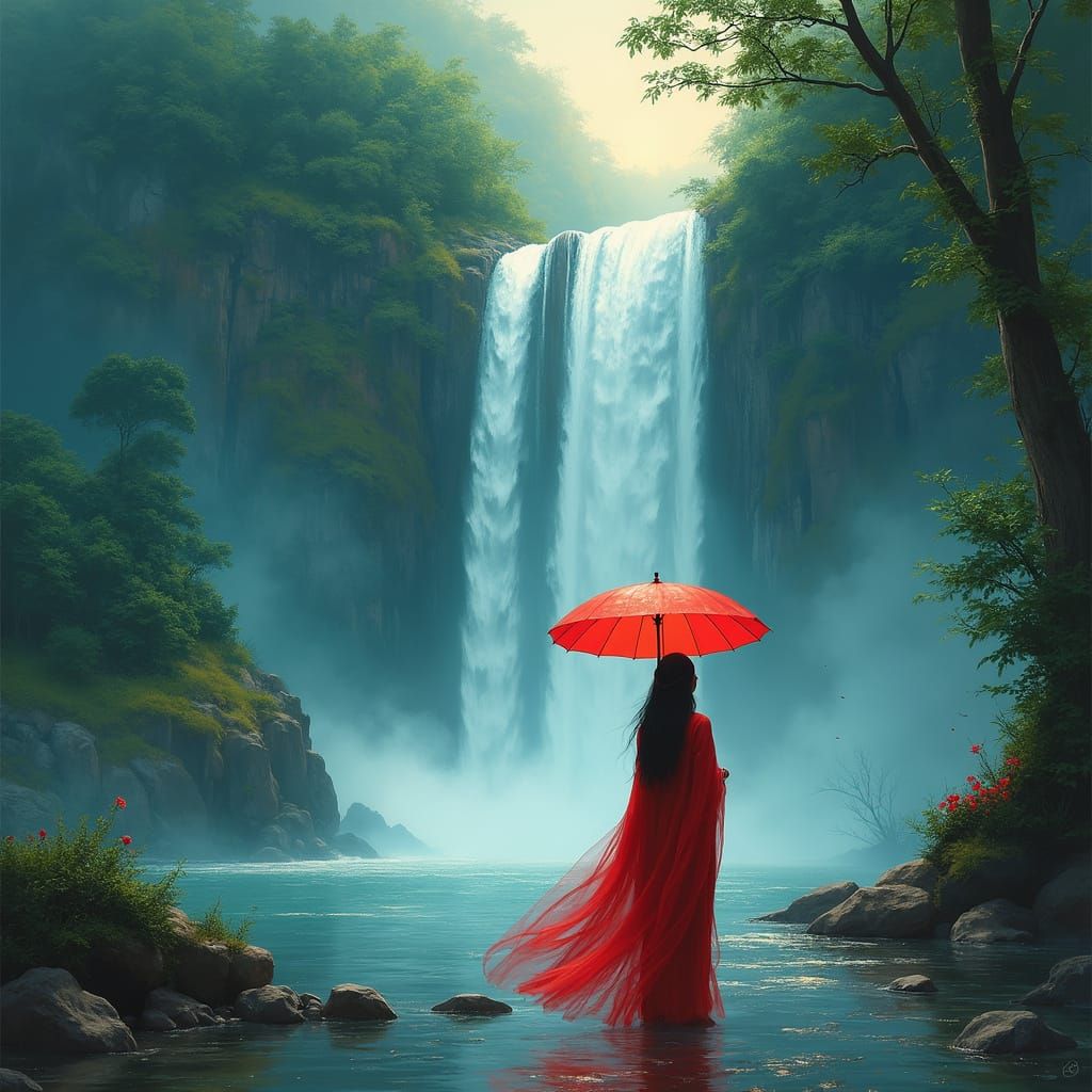 Woman with Umbrella Under Waterfall: Romanticism Style