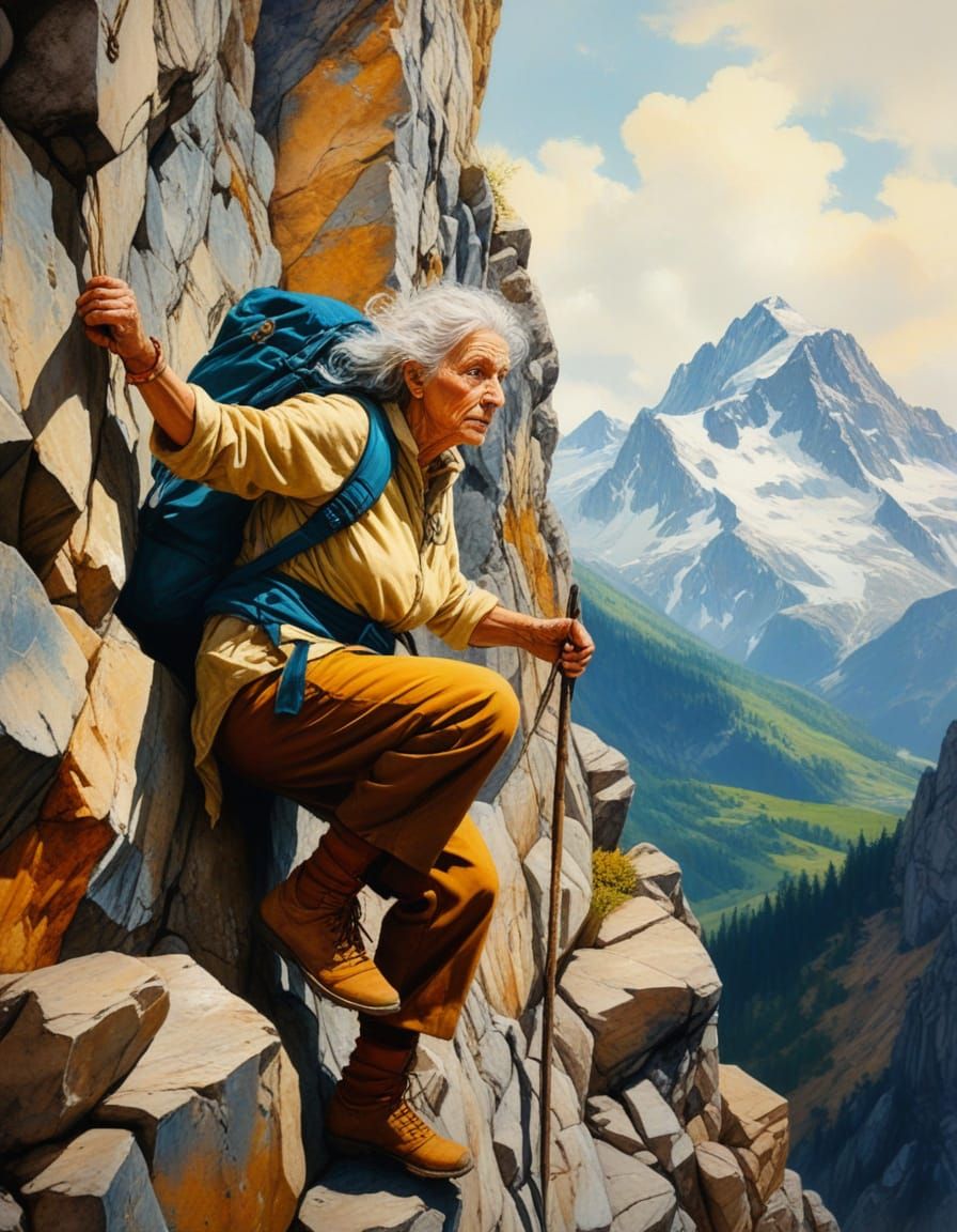 Old Woman's Mountain Climb: Mixed Media Masterpiece