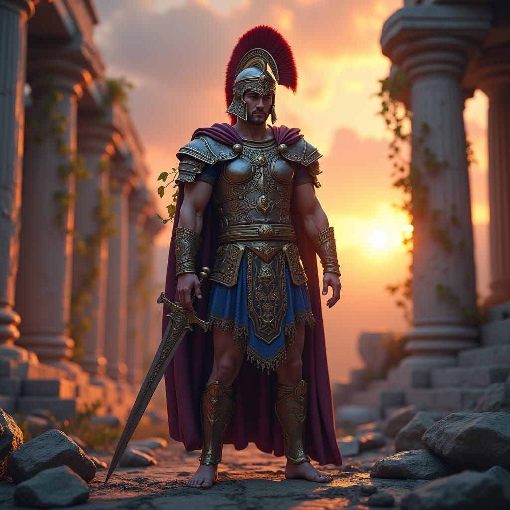 Roman Warrior in Ruined Temple Sunset
