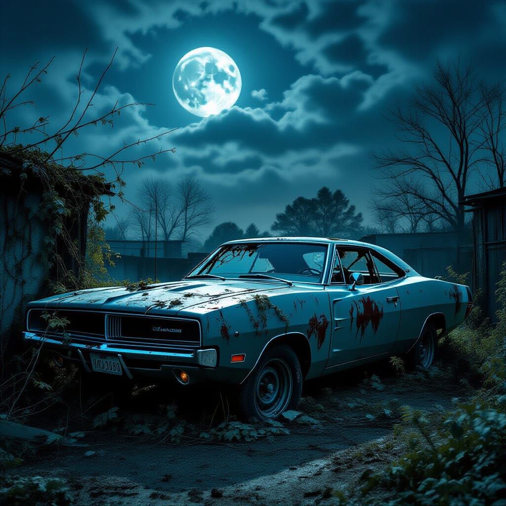 Abandoned 1969 Dodge Charger Under Eerie Full Moon