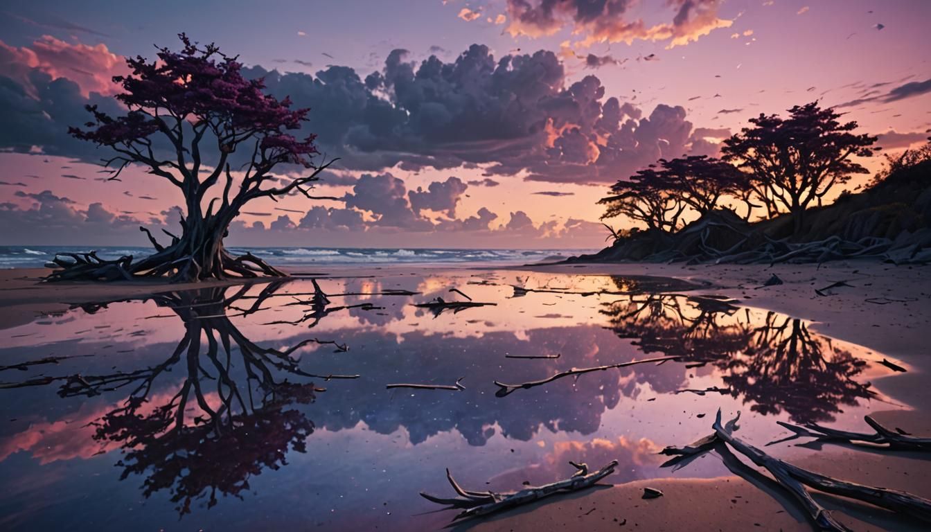 Vibrant Beach Sunset with Sinister Reflections