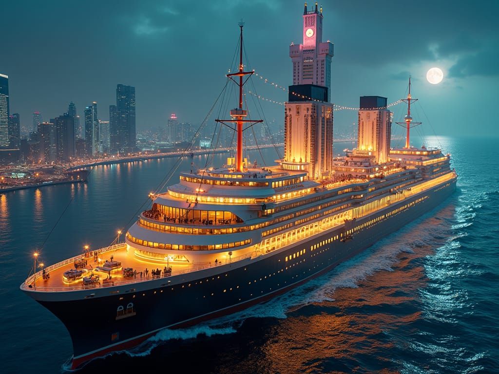 Retro-Futuristic Metropolis on Colossal Ocean Liner