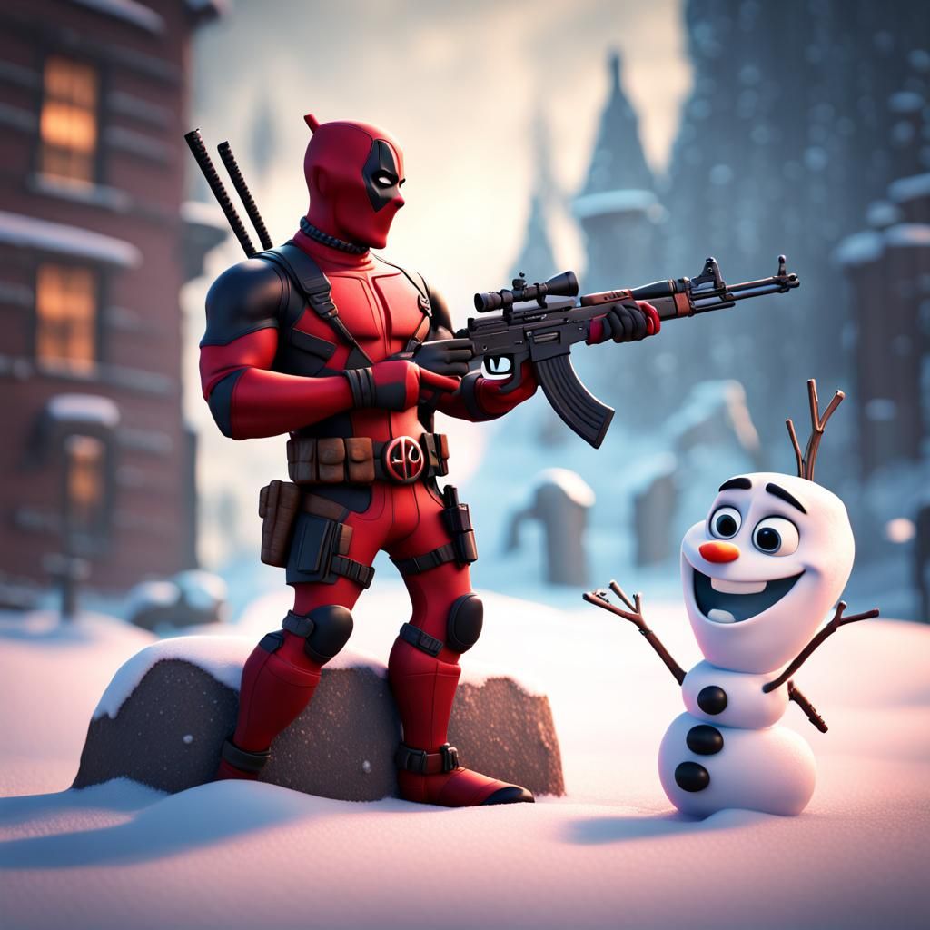 Deadpool Gifts AK-47 to Olaf: 3D Digital Art