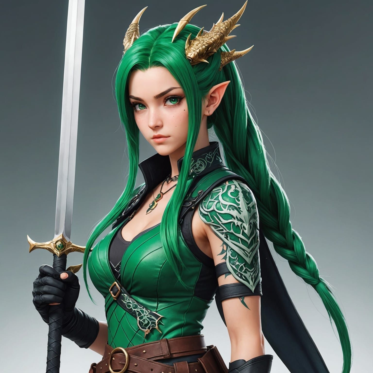 Anime Dragon Girl with Green Sword and Dragon Tattoo