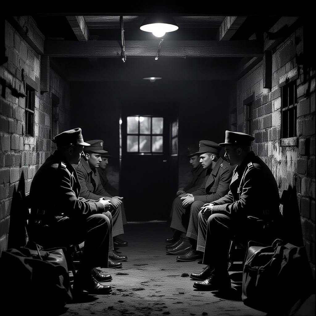 Dramatic POW Camp Scene in Film Noir Style