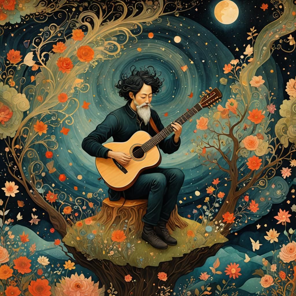 Guitarist's Sweet Music Ascends: A Whimsical Folk Art Collag...