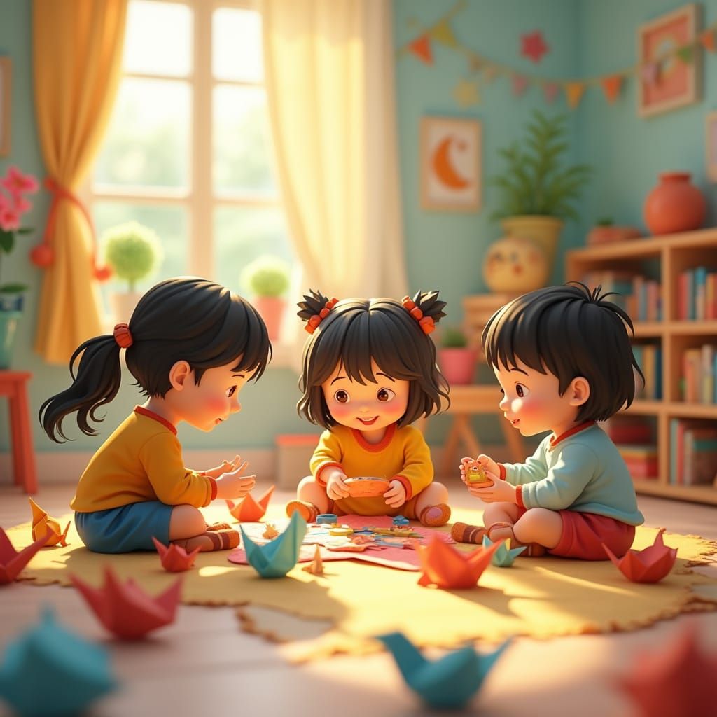 Children Playing with Origami, Miyazaki-Inspired