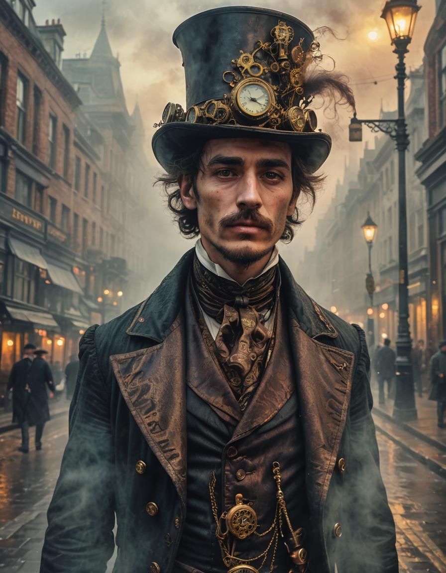 Victorian Man in Foggy London Street, Steampunk Art