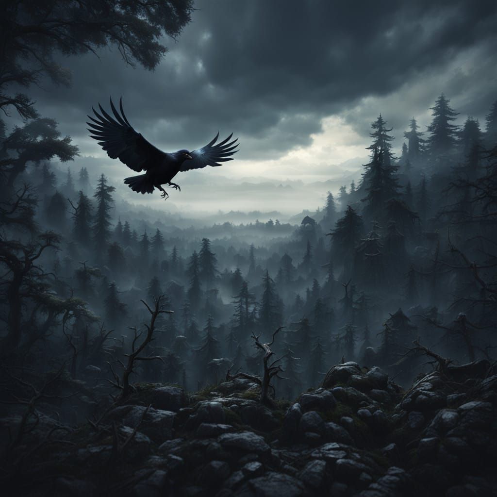 Dark Crow Vanishes into Mystical Forest in a Vibrant, Fantas...