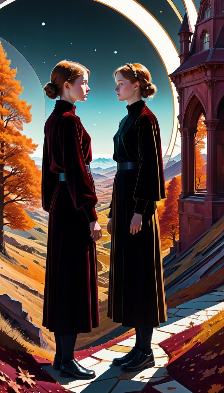 Master and Apprentice in Geometric Bauhaus Landscape