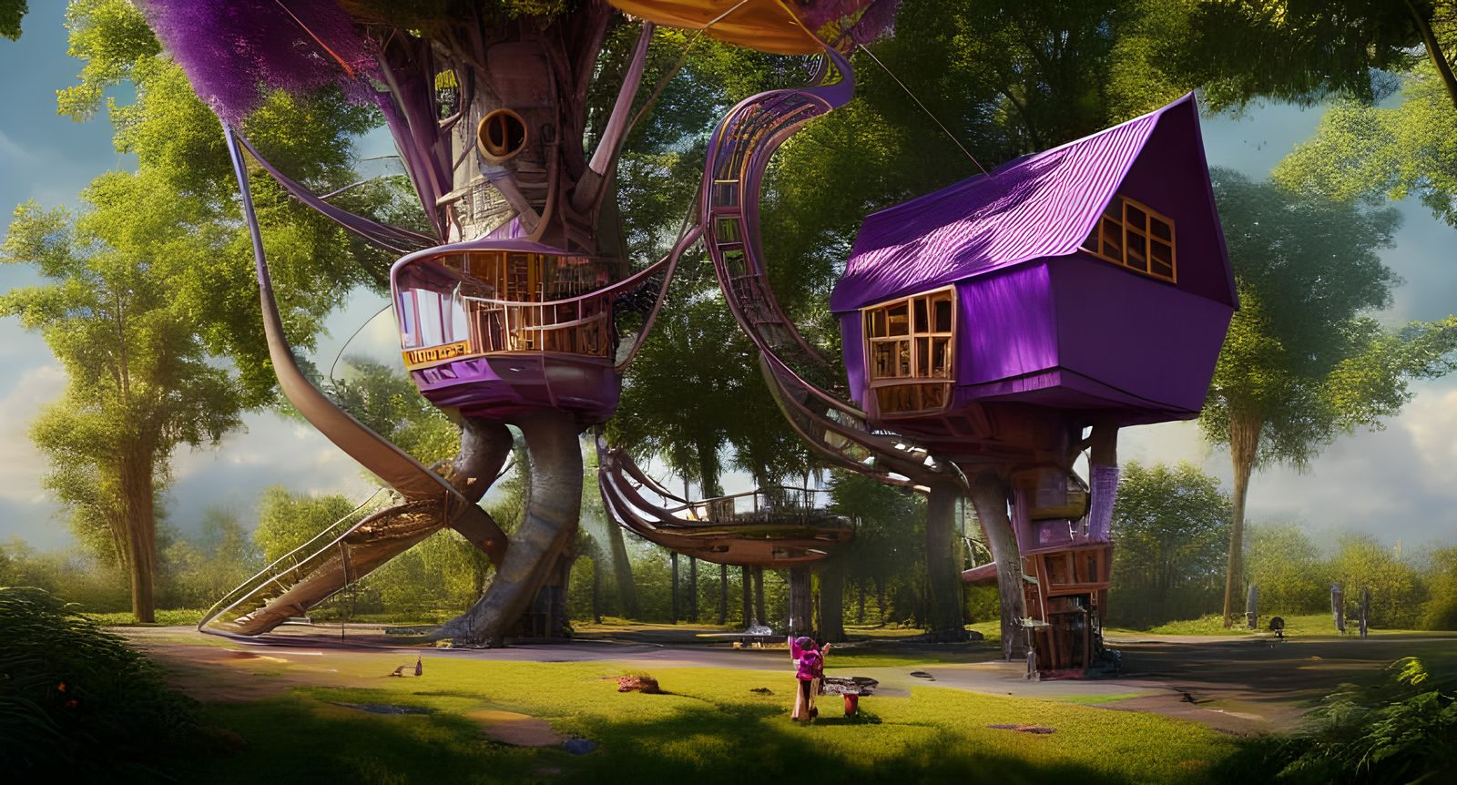 Cyberpunk Treehouse in Purple Plum Trees, 8K Render